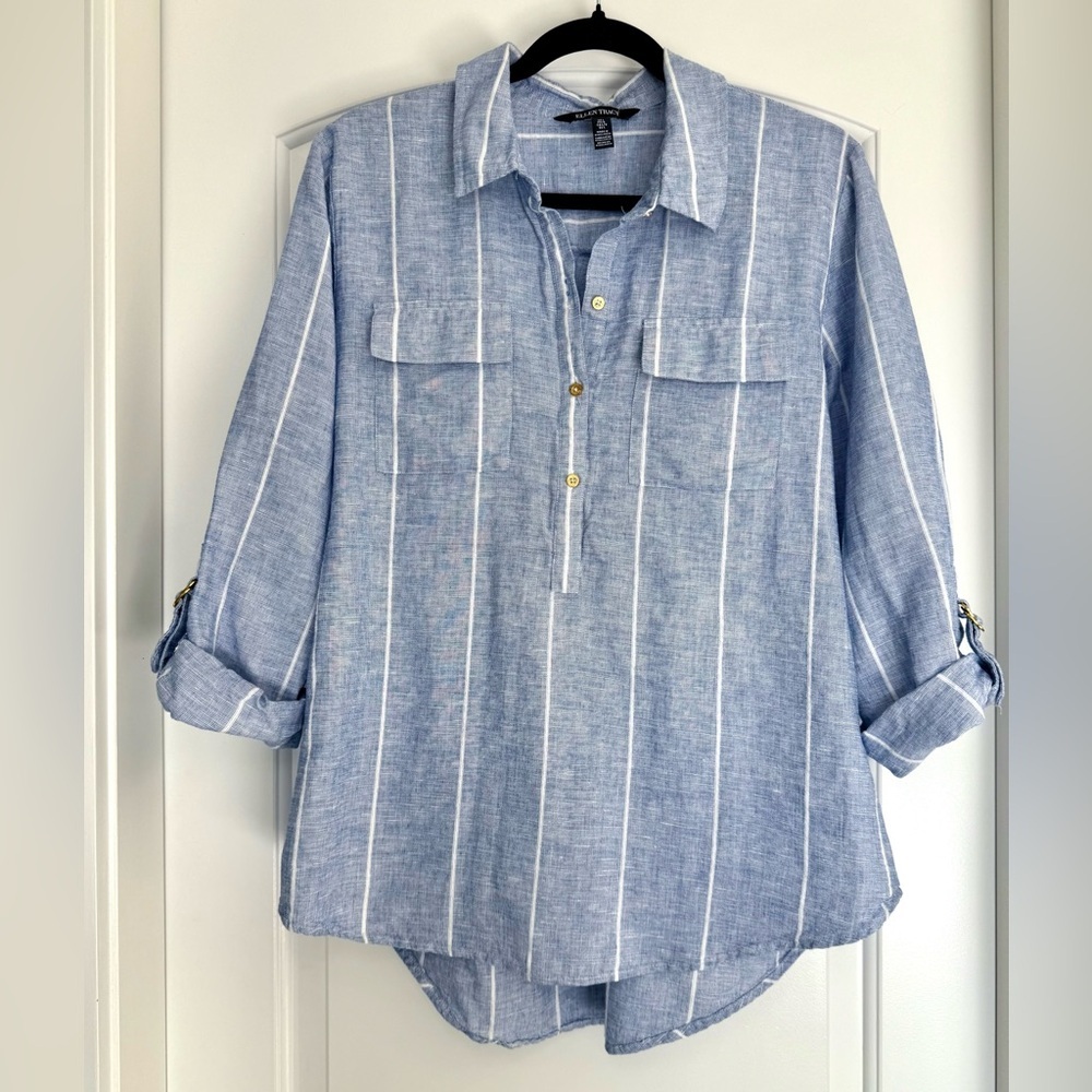 Ellen Tracy Striped Linen Coastal Preppy California Summer Top Size Large